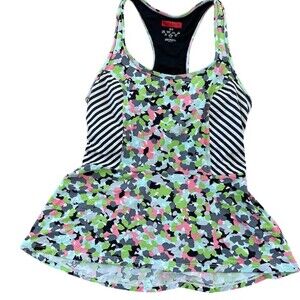 SPANX Tankini Top Womens Petite S Multicolor Floral Striped Peplum